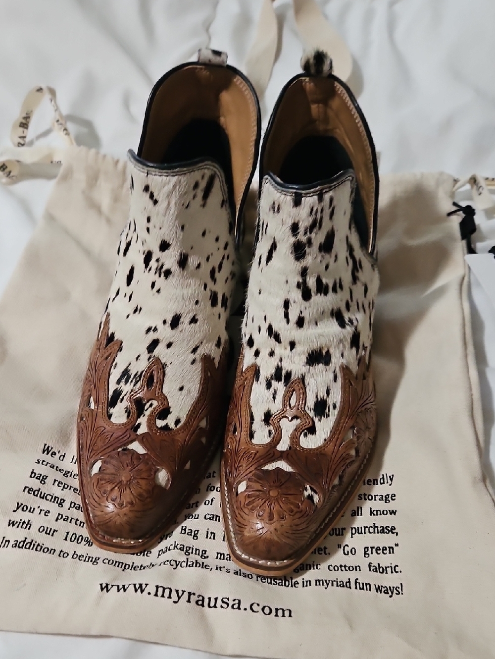 Myra Bag White and Brown Cowhide Western Ankle Boots